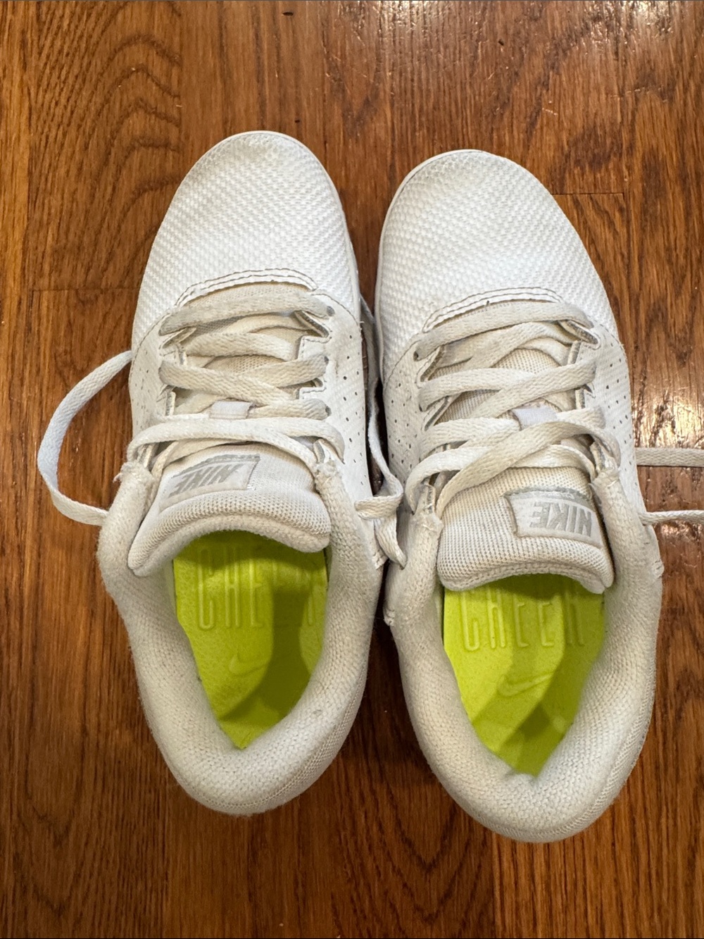 Nike White Cheer Shoes with Neon Lime Insoles